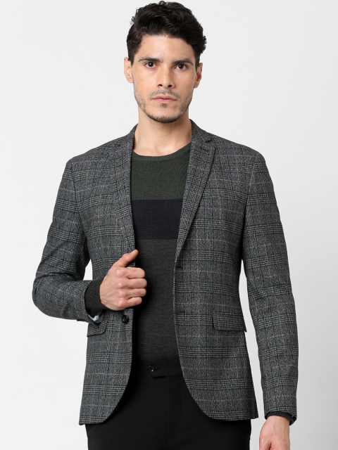 

SELECTED Men Grey & Black Checked Slim Fit Single Breasted Blazer