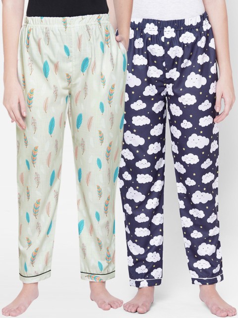 

FashionRack Women Pack Of 2 Navy Blue & Cream Printed Lounge Pants