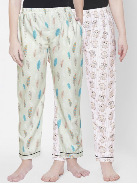 

FashionRack Green & Pink Pack Of 2 Cotton Printed Pyjamas, Cream