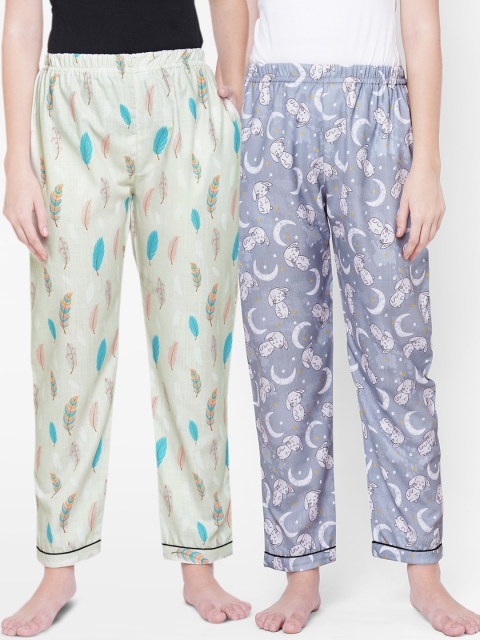 

FashionRack Women Pack Of 2 Cream-Coloured & Grey Printed Cotton Lounge Pants