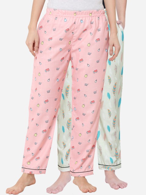 

FashionRack Women Pack of 2 Cream-Colured & Pink Printed Lounge Pants