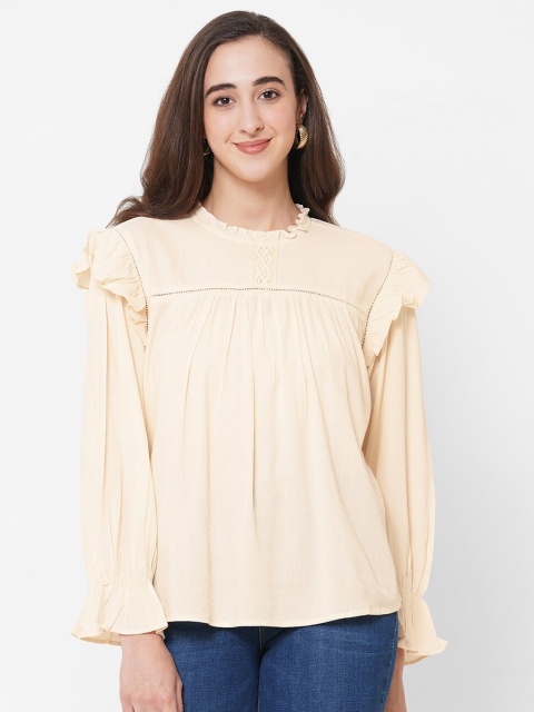 

PAPA BRANDS Peach-Coloured Ruffles Blouson Top