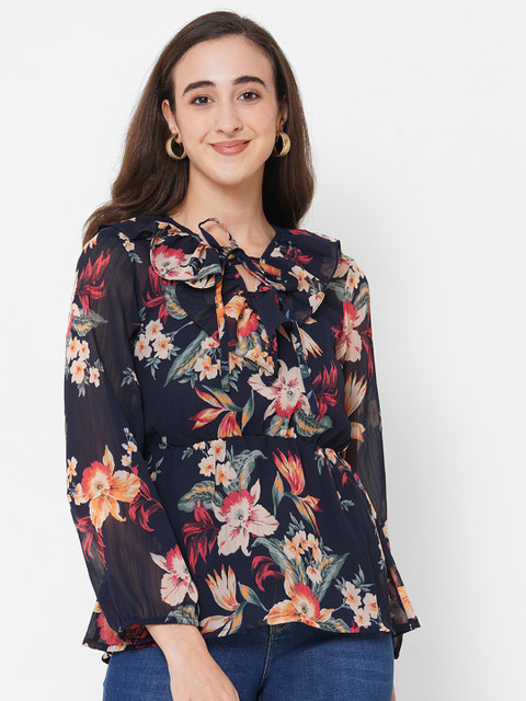 

PAPA BRANDS Women Navy Blue Floral Print Tie-Up Neck Top
