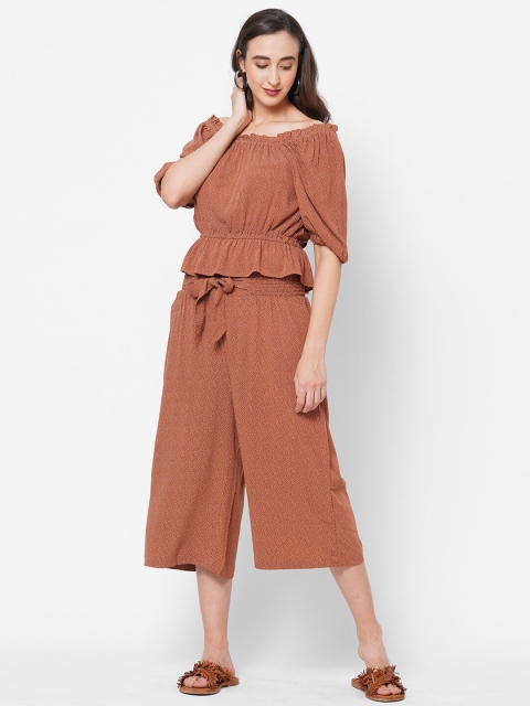 

PAPA BRANDS Women Brown & White Printed Pure Cotton Top With Trousers