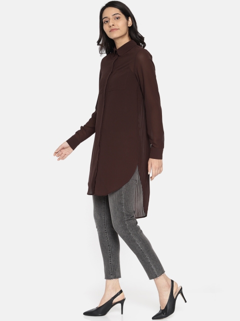 

Vero Moda Women Brown Solid Sheer Accordian Pleated High-Low Longline Casual Shirt