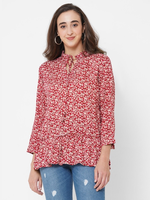 

PAPA BRANDS Red & White Floral Print Tie-Up Neck Top