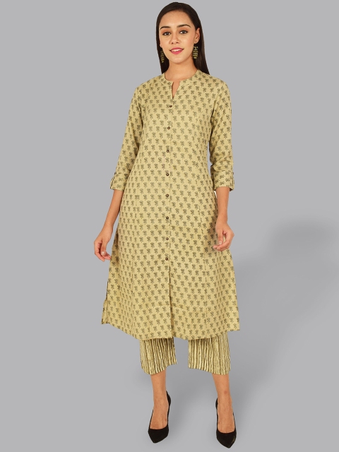 

Pistaa Women Beige Floral Ikat Printed Panelled Kurta with Trousers