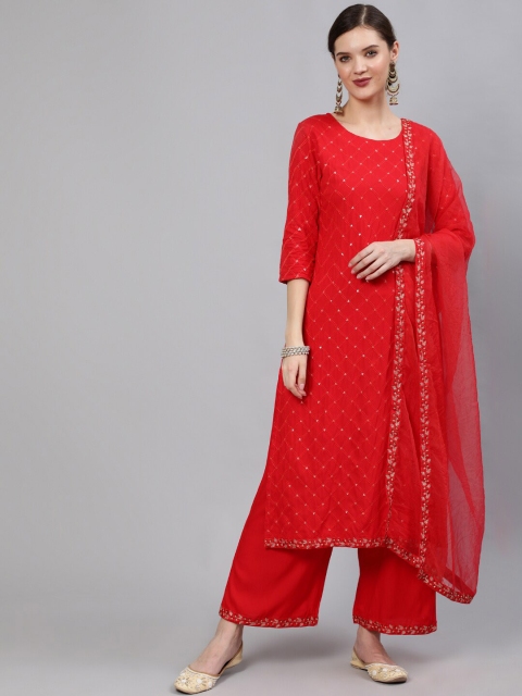 

Nayo Women Red Embroidered Sequinned Work Kurta Set With Dupatta