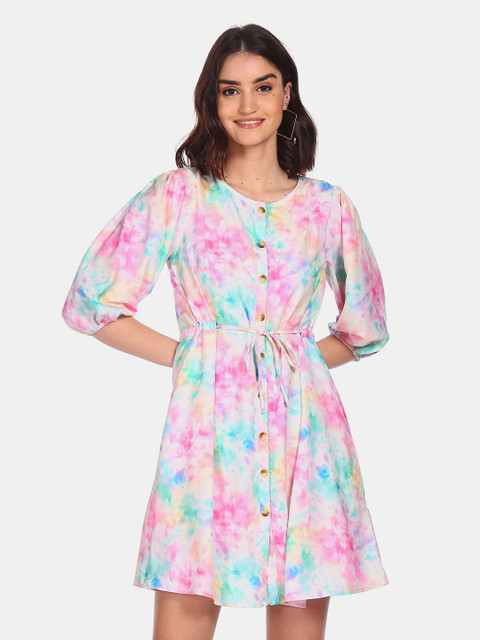 

Sugr White & Pink Tie and Dye A-Line Dress
