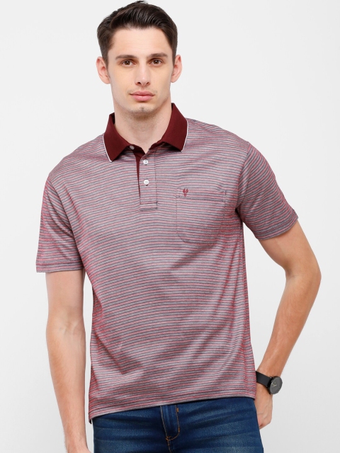 

Classic Polo Men Red & Brown Striped Polo Collar Pure Cotton T-shirt with Pocket