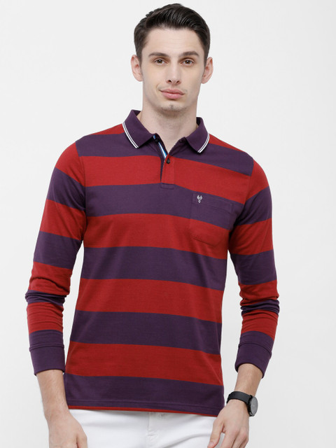 

Classic Polo Men Maroon Striped Polo Collar Pockets Slim Fit T-shirt