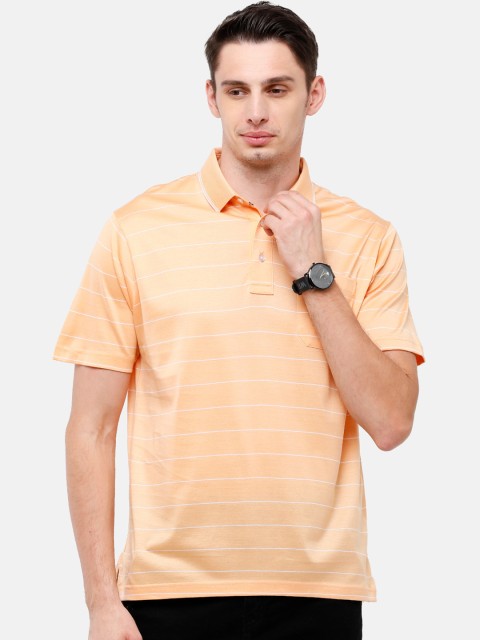 

Classic Polo Men Peach-Coloured & White Striped Polo Collar T-shirt