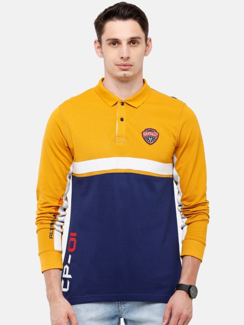 

Classic Polo Men Mustard Yellow & Navy Blue Colourblocked Polo Collar Slim Fit T-shirt