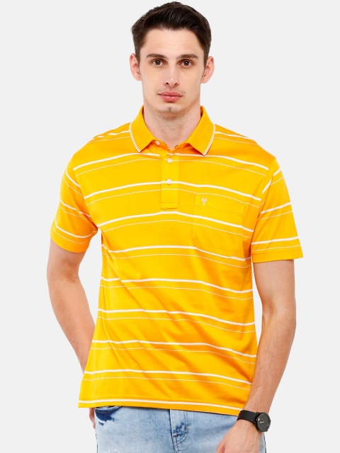 

Classic Polo Men Yellow & White Striped Polo Collar Pockets T-shirt
