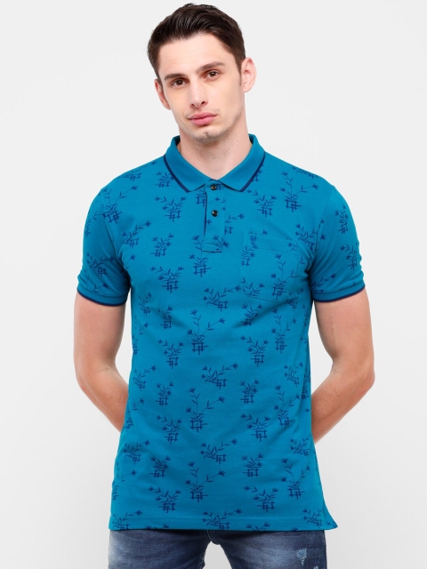 

Classic Polo Men Blue Tropical Printed Polo Collar Pocket Slim Fit T-shirt
