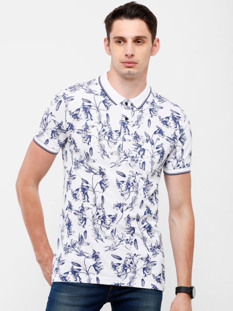Classic Polo Men White & Blue Printed Polo Collar Slim Fit T-shirt