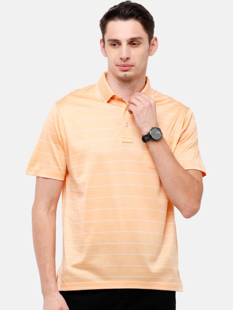 

Classic Polo Men Peach-Coloured Striped Polo Collar Pockets T-shirt
