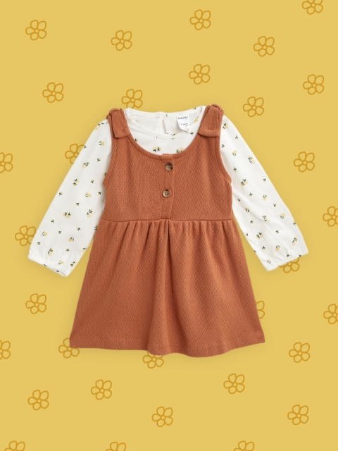 

DeFacto Girls Rust Orange Self Geometric Design Cotton Fit & Flare Dress with Floral Top