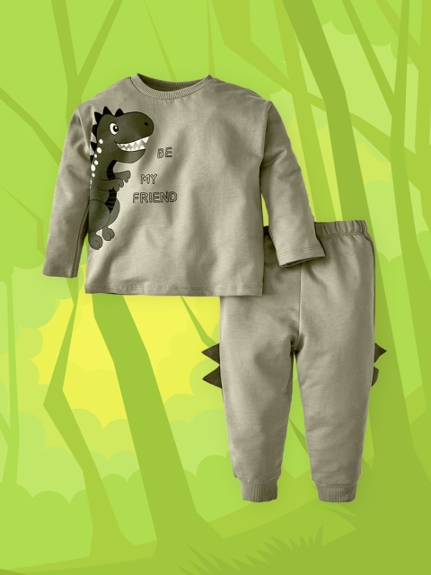 

Defacto Infant Boys Olive Green Pure Cotton Printed Sweatshirt with Joggers