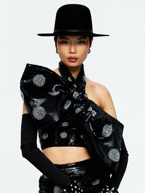 

H&M Women Black Sequined Bow Top