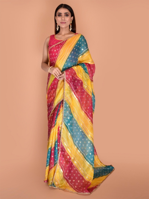 

Indi INSIDE Multicoloured Foil Printed Bandhani Kota Saree With Gota Patti, Multi