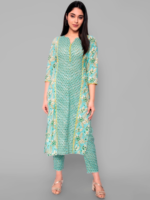 

KALINI Women Green Floral Printed Pure Cotton Kurti with Trousers