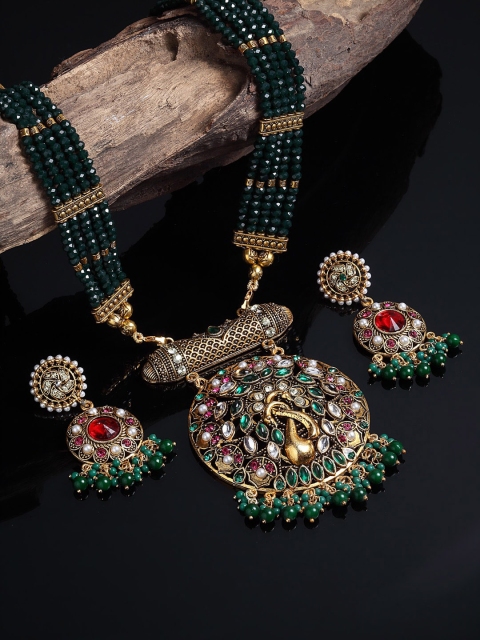 

Arrabi Oxidised Gold-Toned Red & Green Stone-Studded & Beaded Jewellery Set