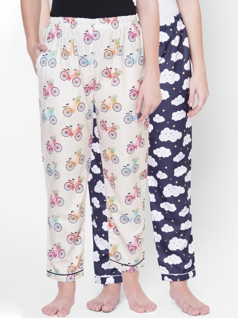 

FashionRack Pack Of 2 White & Navy Blue Printed Cotton Lounge Pants