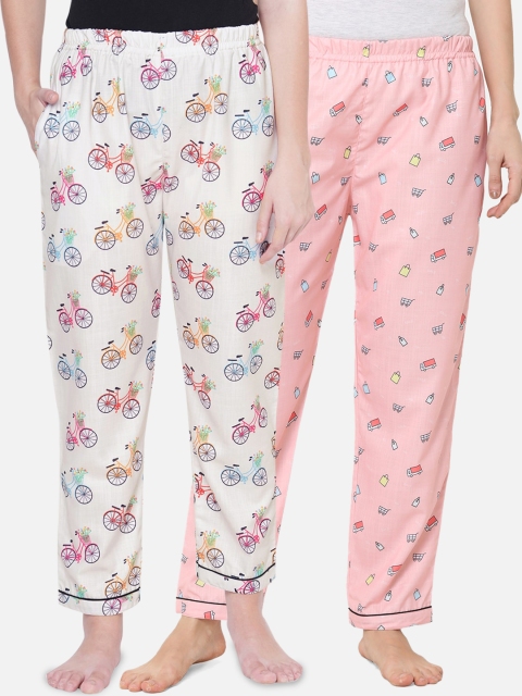 

FashionRack Women Pack of 2 White & Pink Printed Lounge Pants