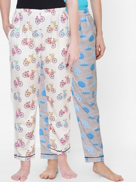 

FashionRack Women Pack Of 2 Printed Cotton Lounge Pants, Off white