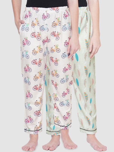 

FashionRack Women Pack Of 2 White & Cream Printed Lounge Pants