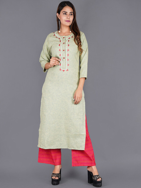 

KALINI Women Green Floral Embroidered Pure Cotton Kurta with Palazzos & With Dupatta