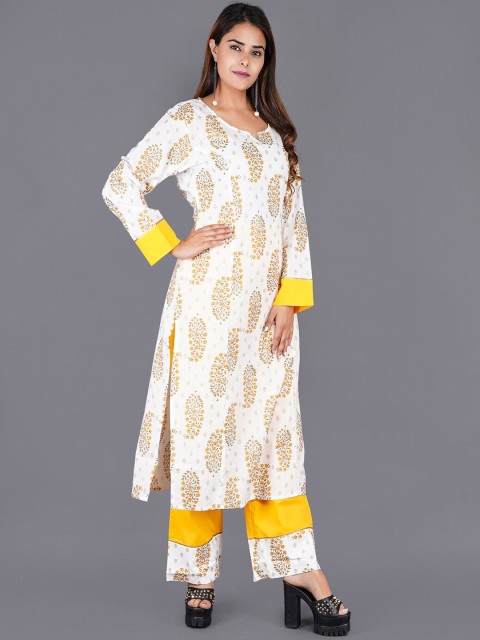 

KALINI Women White Ethnic Motifs Printed Pure Cotton Straight Kurta with Palazzos