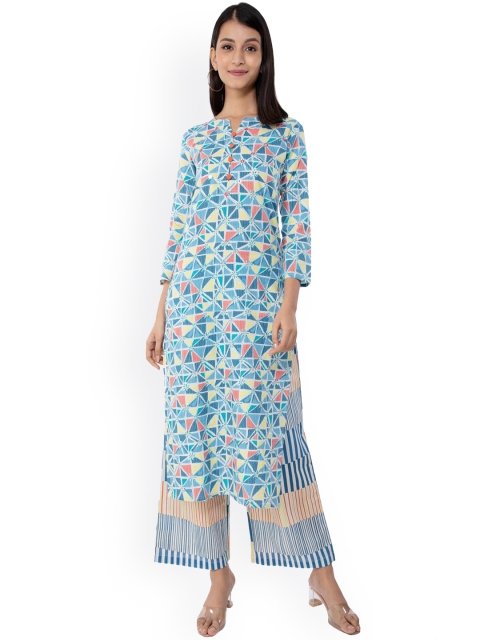 

KALINI Women Blue Floral Printed Pure Cotton Kurta with Palazzos