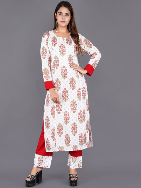 

KALINI Women White Floral Printed Pure Cotton Kurta with Trousers