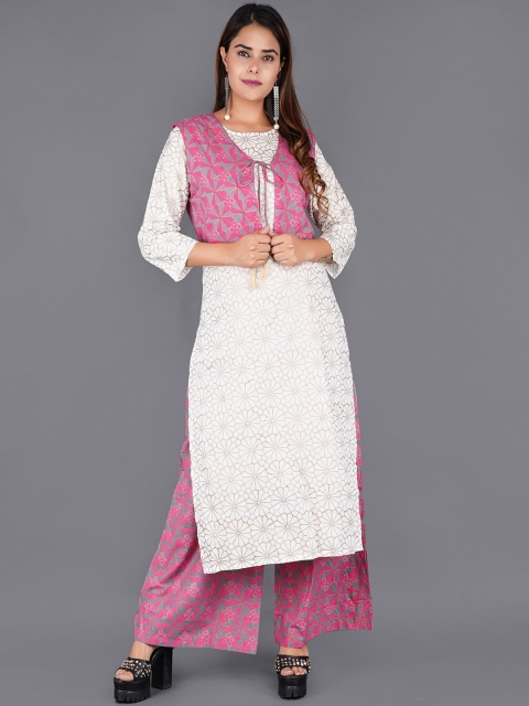 

KALINI Women Pink Embroidered Layered Pure Cotton Kurti with Palazzos