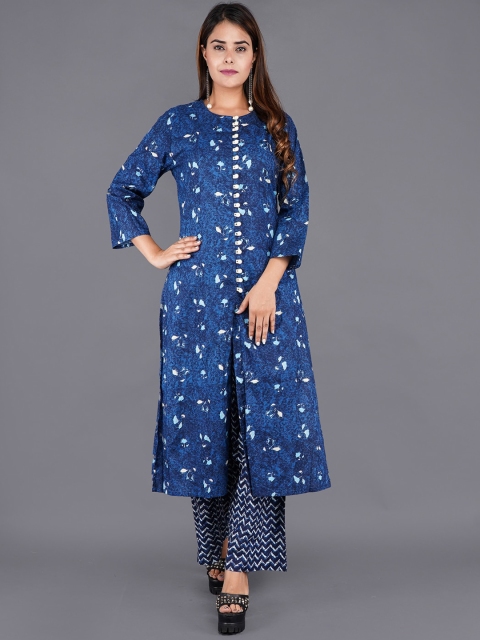 

KALINI Women Blue Panelled Pure Cotton Kurti with Trousers