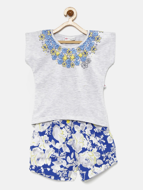 

Peppermint Girls Grey Melange & Blue Printed Clothing Set