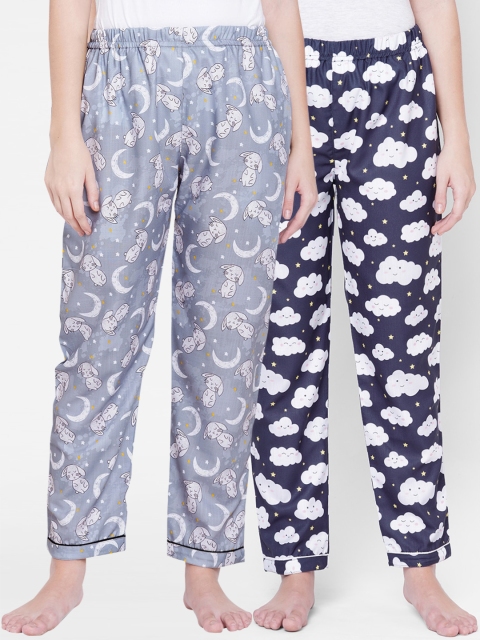 

FashionRack Women Pack Of 2 Navy Blue & Grey Printed Cotton Lounge Pants