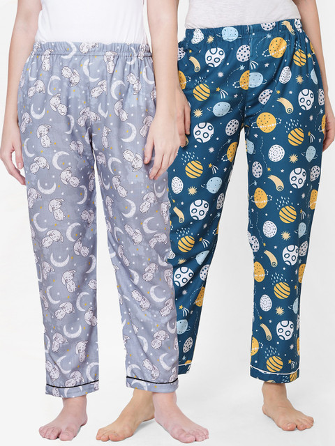 

FashionRack Women Pack Of 2 Navy Blue & Grey Printed Lounge Pants