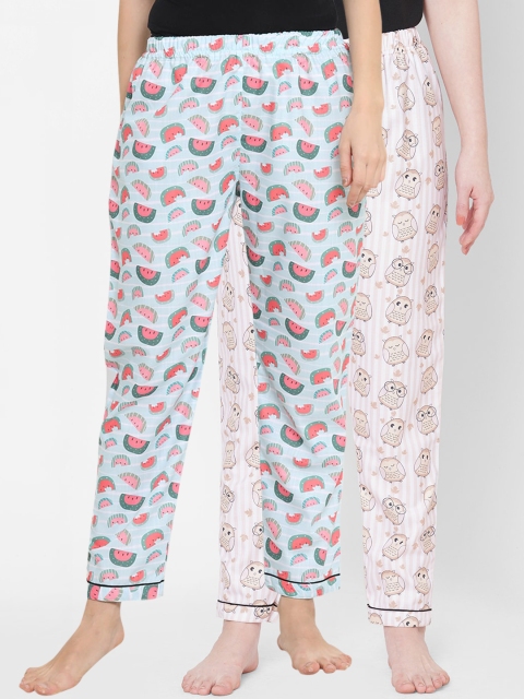 

FashionRack Women Blue & Pink Set Of 2 Printed Lounge Pants