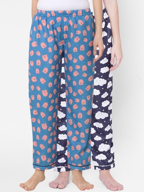 

FashionRack Women Pack Of 2 Blue Printed Cotton Lounge Pants