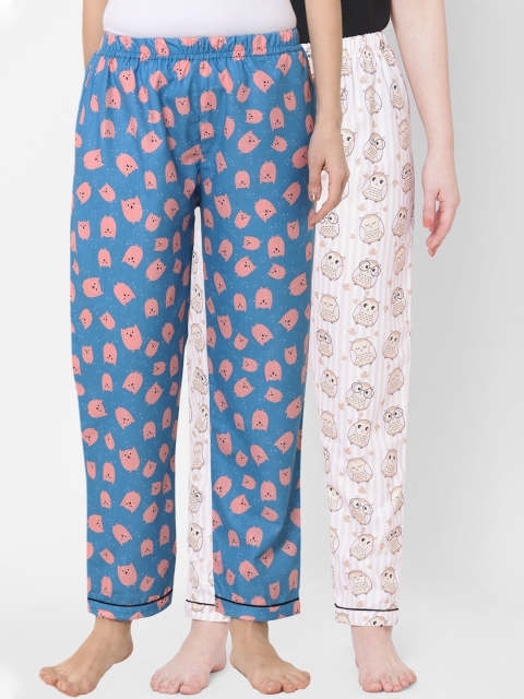 

FashionRack Women Pack Of 2 Blue & Brown Printed Cotton Lounge Pants