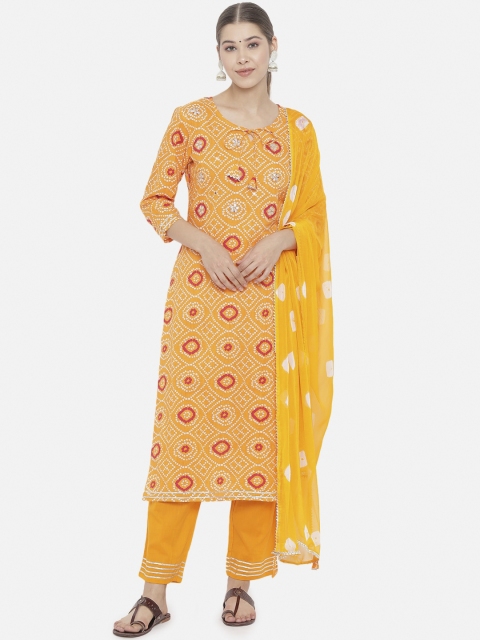 

Prakhya Women Yellow Bandhani Printed Cotton Kurti with Pants & Dupatta