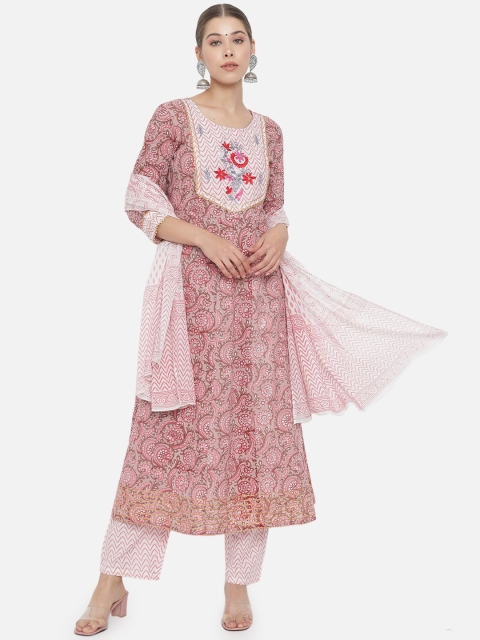 

Prakhya Women Red Floral Anarkali Pure Cotton Kurta with Trousers & Dupatta