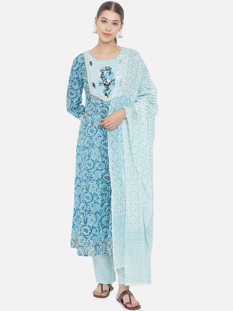 

Prakhya Women Blue Floral Printed Layered Pure Cotton Kurti with Trousers & With Dupatta