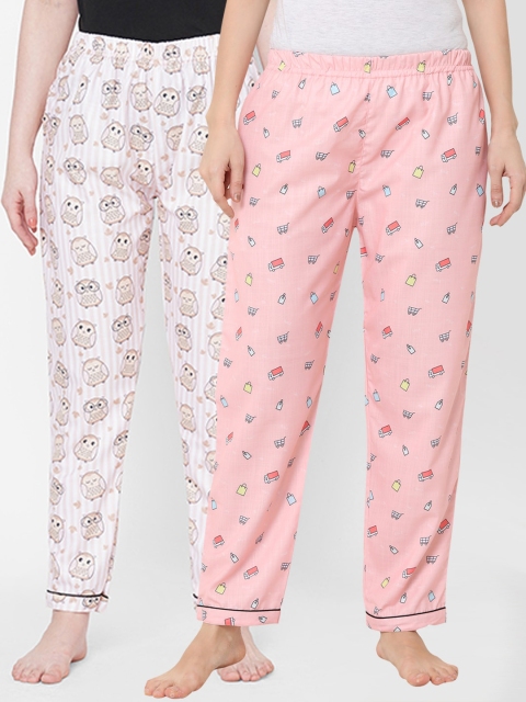 

FashionRack Pack of 2 Pink & White Cotton Printed Lounge Pants