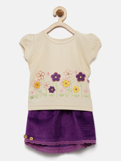 

Peppermint Girls Beige & Purple Embroidered Clothing Set