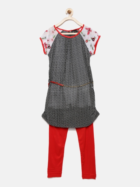 

Peppermint Girls Black & Red Printed Embroidered Clothing Set