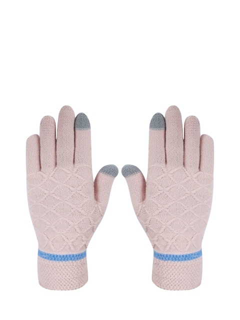 

LOOM LEGACY Women Peach-Coloured & Blue Patterned Hand Gloves